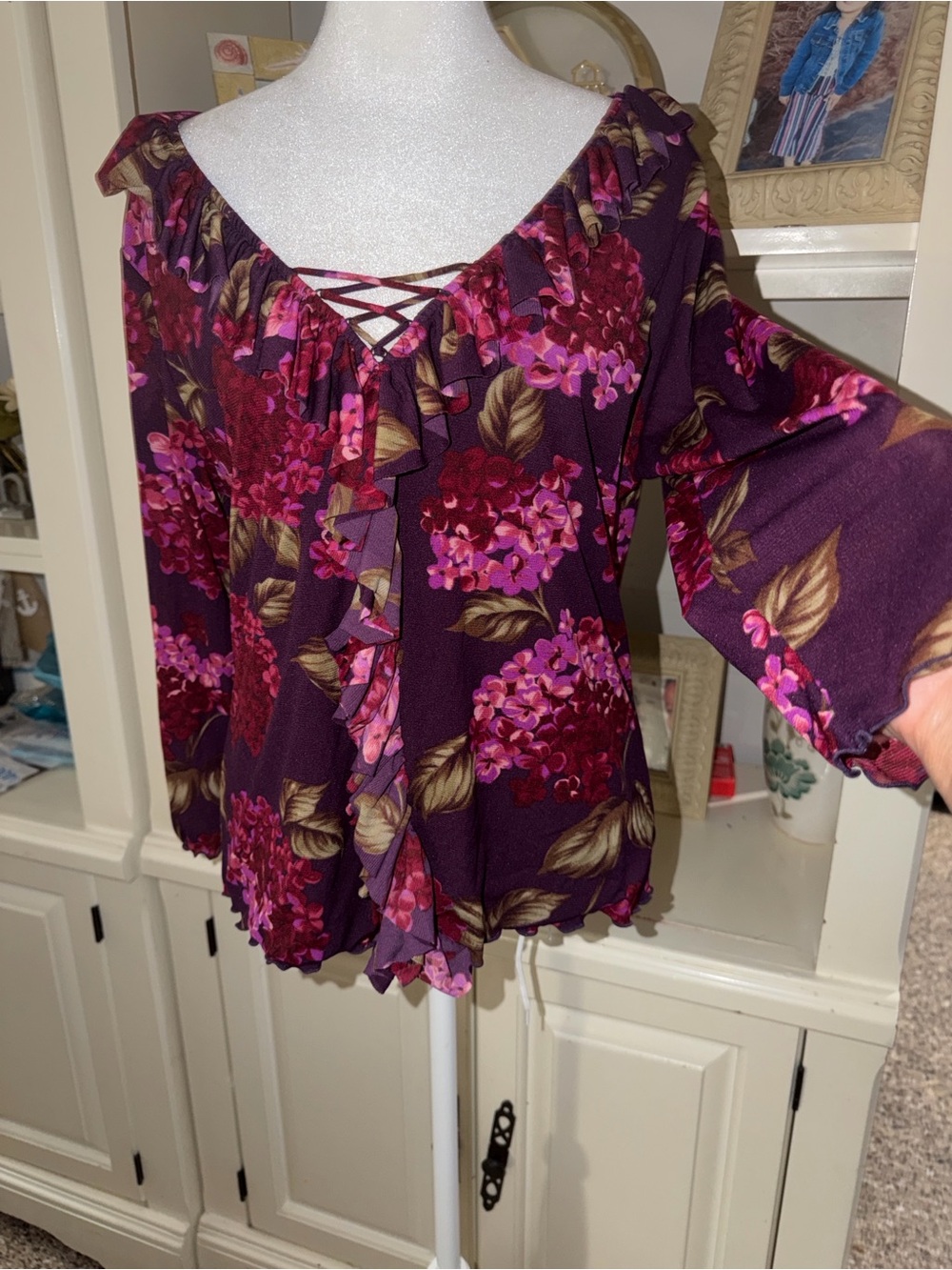 INC International Concepts Plum Floral Ruffle Lace-Up Blouse